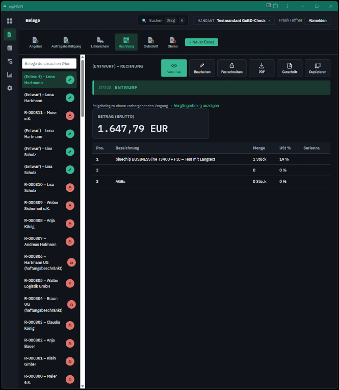 Screenshot erpNGIN-App-Belege